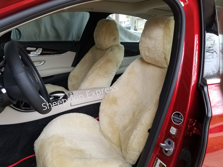Tailor Made All Sheepskin Seat Covers and Headrest Covers for a 2019 Mercedes-Benz E 300 in Gobi.